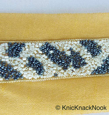 Beige Fabric Trim With Black And Grey Seed Beads Embellishments, Zebra Trim, Beaded Trim